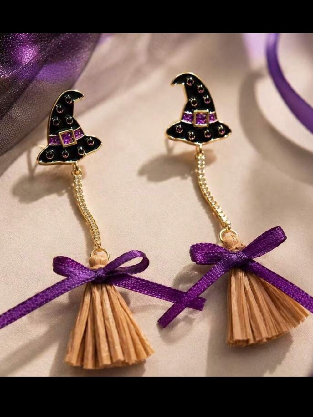 NEW Purple Witch Hat Tassel Earrings